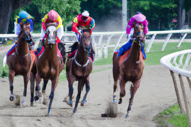 Horse race with jockeys competing